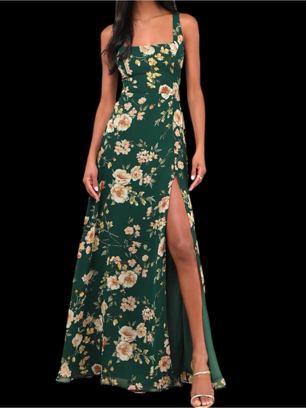 Lulus Remarkable Arrival Emerald Green Floral Sleeveless Maxi Dress High Slit